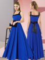 Stylish Floor Length Royal Blue Damas Dress Chiffon Sleeveless Belt