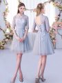 Luxurious Grey High-neck Neckline Lace Court Dresses for Sweet 16 Half Sleeves Lace Up