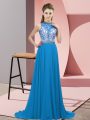 Charming Blue Backless Halter Top Beading Dress for Prom Chiffon Sleeveless Brush Train