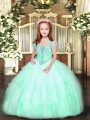 Apple Green Tulle Lace Up Little Girls Pageant Dress Wholesale Sleeveless Floor Length Beading and Ruffles