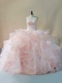 Perfect Pink Ball Gowns Sweetheart Sleeveless Tulle Brush Train Lace Up Beading and Ruffles and Hand Made Flower Sweet 16 Quinceanera Dress