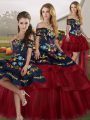High Class Tulle Off The Shoulder Sleeveless Brush Train Lace Up Embroidery and Ruffled Layers Quinceanera Gown in Wine Red