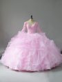 Dynamic Pink Lace Up 15 Quinceanera Dress Lace and Ruffles Long Sleeves Floor Length