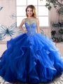 Suitable Sleeveless Tulle Floor Length Lace Up 15th Birthday Dress in Royal Blue with Beading and Ruffles