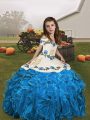 Lovely Embroidery and Ruffles Pageant Dress Toddler Blue and Baby Blue Lace Up Sleeveless Floor Length