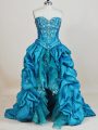 Sweetheart Sleeveless Dress for Prom High Low Beading and Pick Ups Teal Taffeta
