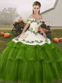 Cute Olive Green Ball Gowns Embroidery and Ruffled Layers Ball Gown Prom Dress Lace Up Tulle Sleeveless