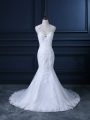 Free and Easy White Mermaid Tulle Scoop Sleeveless Beading and Lace Backless Wedding Dress Brush Train