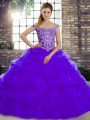 Pretty Purple Ball Gowns Off The Shoulder Sleeveless Tulle Brush Train Lace Up Beading and Pick Ups Quinceanera Dresses