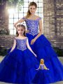 Royal Blue Sleeveless Tulle Brush Train Lace Up Vestidos de Quinceanera for Military Ball and Sweet 16 and Quinceanera