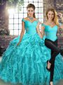 Clearance Sleeveless Brush Train Beading and Ruffles Lace Up Ball Gown Prom Dress
