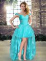 Clearance Aqua Blue Sleeveless High Low Beading and Appliques Lace Up