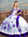 Stunning White And Purple Ball Gowns Satin and Organza Off The Shoulder Sleeveless Embroidery and Ruffles Floor Length Lace Up Sweet 16 Dress
