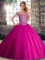 Designer Off The Shoulder Sleeveless Sweet 16 Dresses Brush Train Beading Fuchsia Tulle