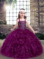 Popular Fuchsia Ball Gowns Organza Straps Sleeveless Beading and Ruffles Floor Length Lace Up Little Girls Pageant Dress Wholesale