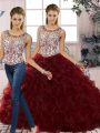 Beading and Ruffles Ball Gown Prom Dress Burgundy Lace Up Sleeveless Floor Length