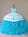 Aqua Blue Quinceanera Dress Sweet 16 and Quinceanera with Embroidery and Ruffles Halter Top Sleeveless Court Train Lace Up