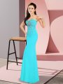 Amazing Aqua Blue Zipper Prom Dresses Beading Sleeveless Floor Length