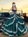 Peacock Green Ball Gowns Embroidery and Ruffled Layers Quinceanera Gowns Lace Up Satin Sleeveless Floor Length