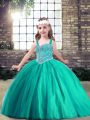 Eye-catching Turquoise Ball Gowns Tulle Straps Sleeveless Beading Floor Length Side Zipper Pageant Dress Wholesale