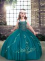 Fashionable Teal Tulle Lace Up Custom Made Pageant Dress Sleeveless Floor Length Beading