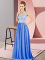 Vintage Blue Empire V-neck Sleeveless Chiffon Floor Length Backless Beading and Lace Prom Evening Gown