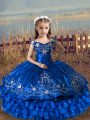 Great Royal Blue Off The Shoulder Lace Up Embroidery and Ruffled Layers Little Girl Pageant Dress Sleeveless