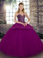 Sleeveless Floor Length Beading and Appliques Lace Up 15 Quinceanera Dress with Fuchsia