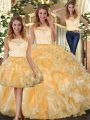 Exceptional Three Pieces Quince Ball Gowns Gold Scoop Organza Sleeveless Floor Length Clasp Handle