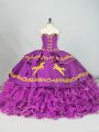 Beauteous Purple Ball Gowns Embroidery and Ruffles Quinceanera Dress Lace Up Satin and Organza Sleeveless