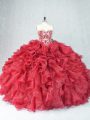 Burgundy Sleeveless Floor Length Beading and Ruffles Lace Up Ball Gown Prom Dress