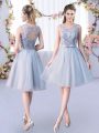 Knee Length Grey Quinceanera Court of Honor Dress Tulle Sleeveless Lace and Belt
