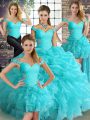 Aqua Blue Sweet 16 Quinceanera Dress Military Ball and Sweet 16 and Quinceanera with Beading and Ruffles and Pick Ups Off The Shoulder Sleeveless Lace Up