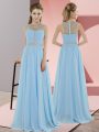 Custom Made Light Blue Empire Chiffon Scoop Sleeveless Beading Floor Length Zipper Prom Party Dress