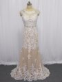 Lace Scoop Cap Sleeves Brush Train Backless Beading and Appliques in Champagne