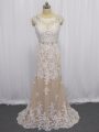 Lace Scoop Cap Sleeves Brush Train Backless Beading and Appliques in Champagne
