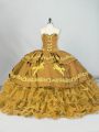 Brown 15th Birthday Dress Sweet 16 and Quinceanera with Embroidery and Ruffled Layers Sweetheart Sleeveless Brush Train Lace Up
