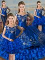 Clearance Off The Shoulder Sleeveless Quinceanera Gown Floor Length Embroidery and Ruffled Layers Royal Blue Satin and Organza