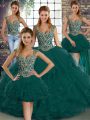 Peacock Green Lace Up Straps Beading and Ruffles Sweet 16 Dresses Tulle Sleeveless