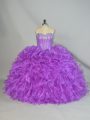 Custom Made Purple Organza Lace Up Sweetheart Sleeveless Floor Length Sweet 16 Dress Beading and Ruffles