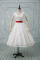 Artistic Short Sleeves Tea Length Lace and Belt Zipper Wedding Dresses with White