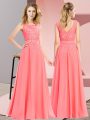 Watermelon Red Chiffon Zipper Scoop Sleeveless Floor Length Vestidos de Damas Beading and Appliques