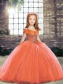 Floor Length Orange Red Pageant Gowns For Girls Tulle Sleeveless Beading