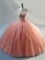 Ideal Peach Sleeveless Beading Floor Length Quinceanera Gown