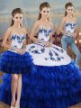 Sexy Royal Blue Three Pieces Embroidery and Ruffled Layers and Bowknot Vestidos de Quinceanera Lace Up Organza Sleeveless Floor Length
