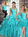 Edgy Aqua Blue Three Pieces Organza Off The Shoulder Sleeveless Beading and Ruffles Lace Up Sweet 16 Dresses Brush Train