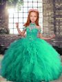 Turquoise Ball Gowns Beading and Ruffles Pageant Dress Lace Up Tulle Sleeveless Floor Length