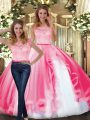 Shining Hot Pink Tulle Clasp Handle Ball Gown Prom Dress Sleeveless Floor Length Lace and Ruffles