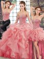 Edgy Brush Train Three Pieces Quince Ball Gowns Watermelon Red Sweetheart Tulle Sleeveless Lace Up