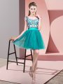 Hot Selling Sleeveless Tulle Mini Length Zipper Dama Dress for Quinceanera in Turquoise with Lace